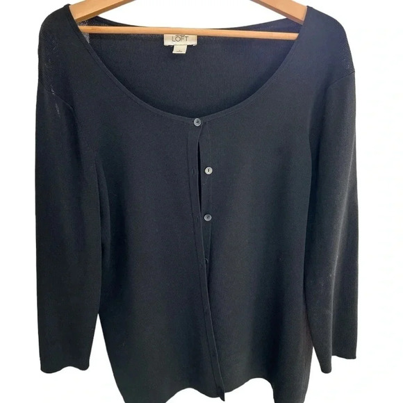 LOFT Button Down Round Neck Black Cardigan Knit Sweater Women's Sz L - Picture 1 of 5